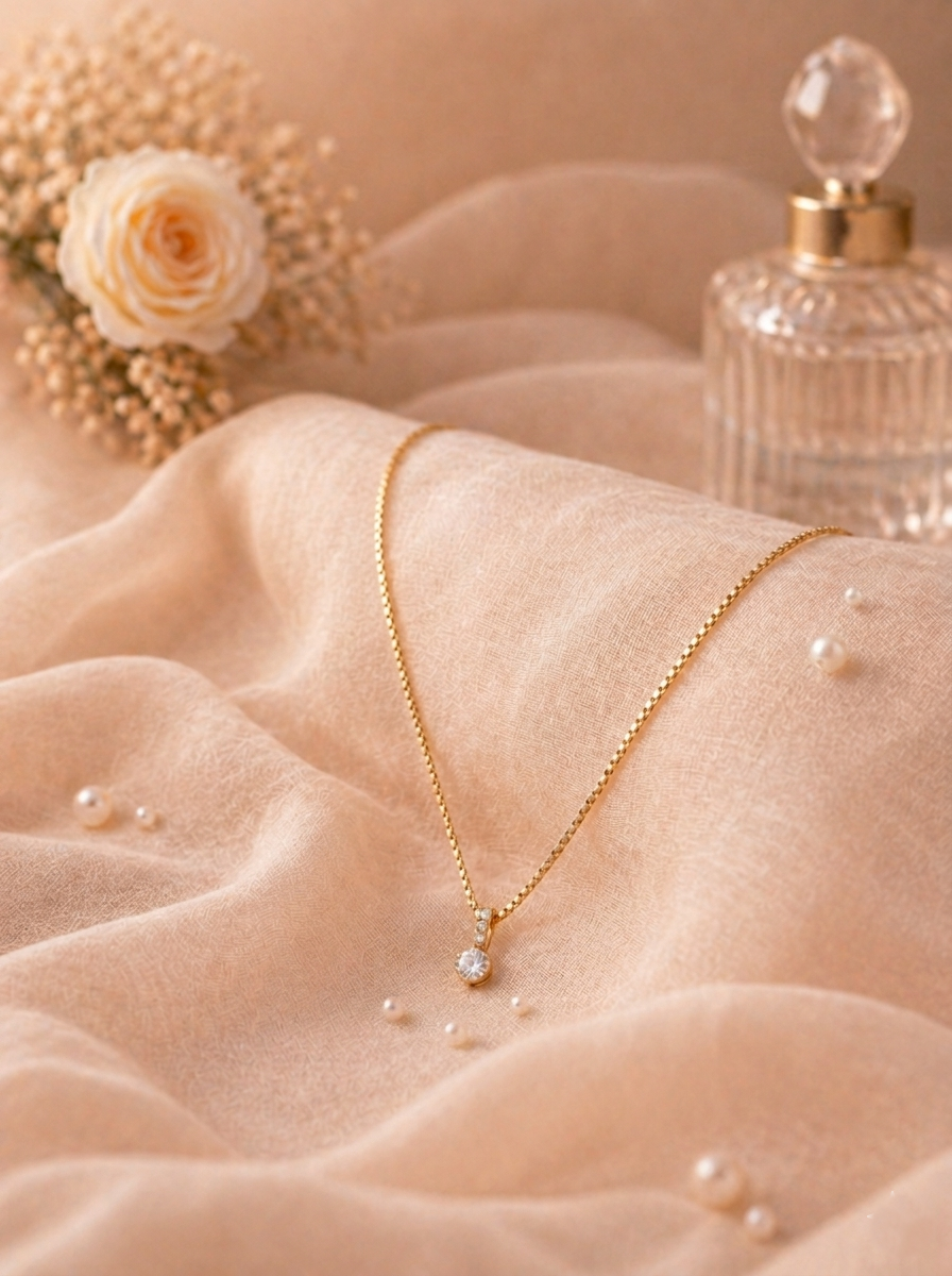 Sia Solitaire Pendant Necklace featuring a gold box chain with a round crystal solitaire drop, displayed on draped beige linen with pearls and a vintage glass bottle