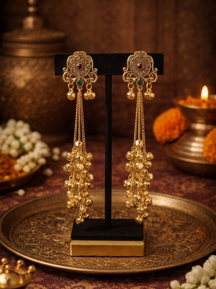 Pair of Sunehri Morni Ghungroo Tassels featuring intricate motif stud with ruby and emerald accents, dangling delicate chains, and ghungroo bell clusters.