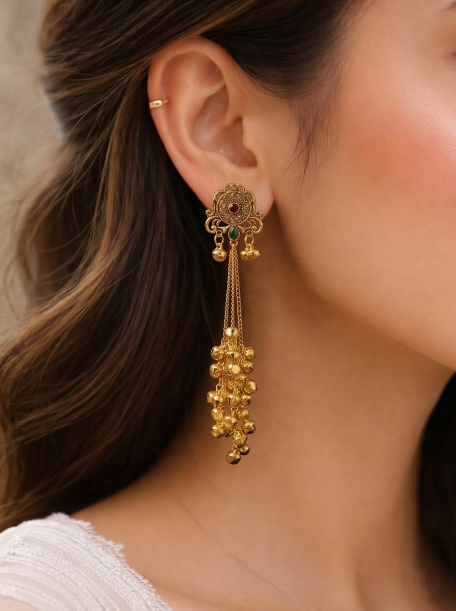 Close-up side view of a model wearing Sunehri Morni Ghungroo Tassels earring with intricate stud work and long hanging bell clusters